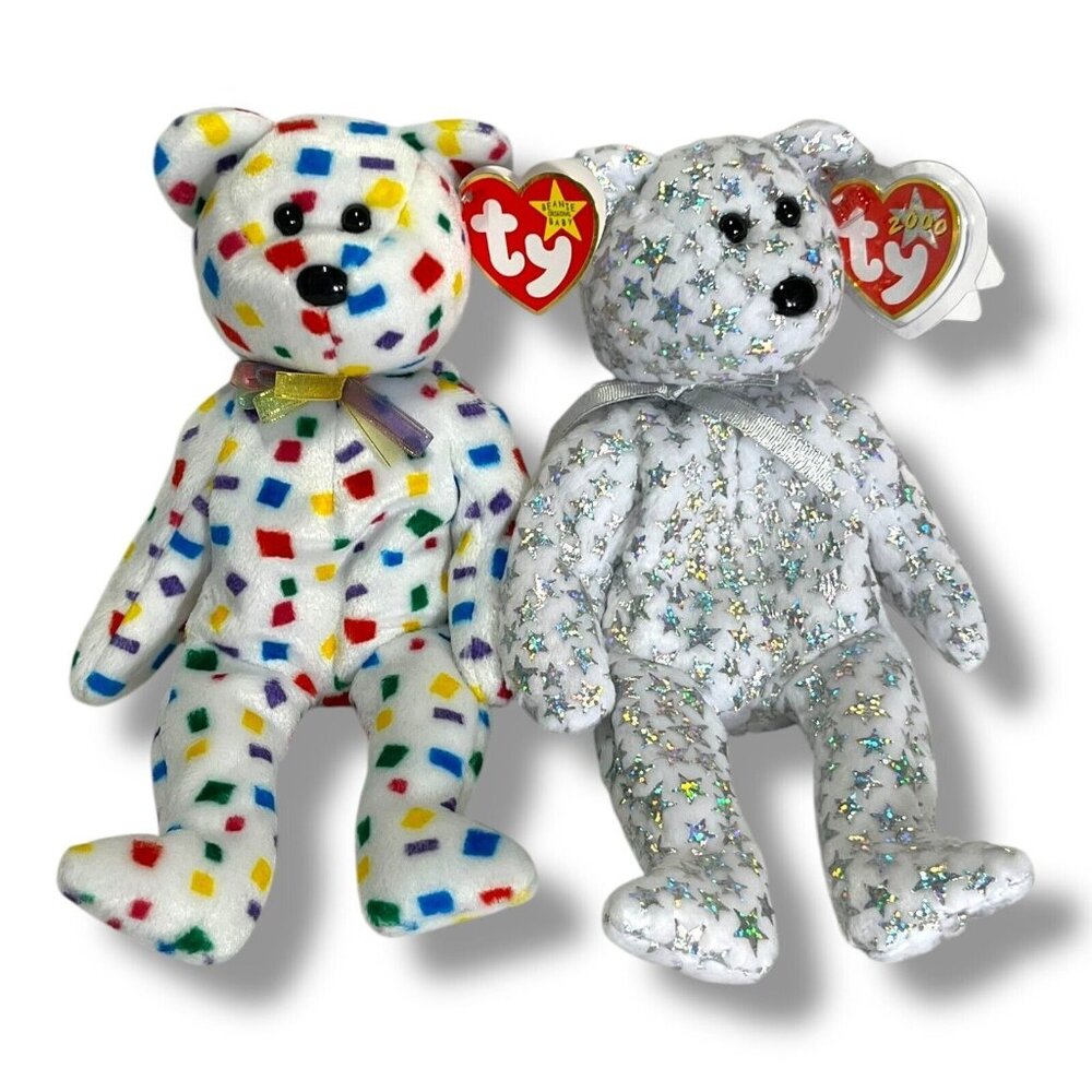 NEW 1999 2000 TY Beanie Babies 8.5" TY 2K & The Beginning Bears Confetti & Stars